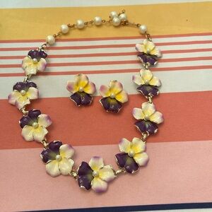 1950s enamel pansy necklace & clip earring set. Pearl accents.